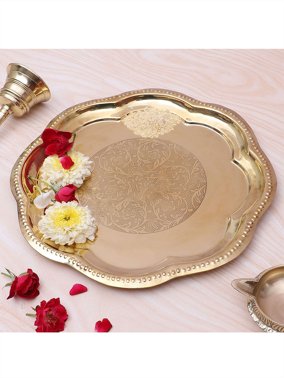 Two Moustaches Gold Toned Floral Carved Textured Brass Pooja Thali