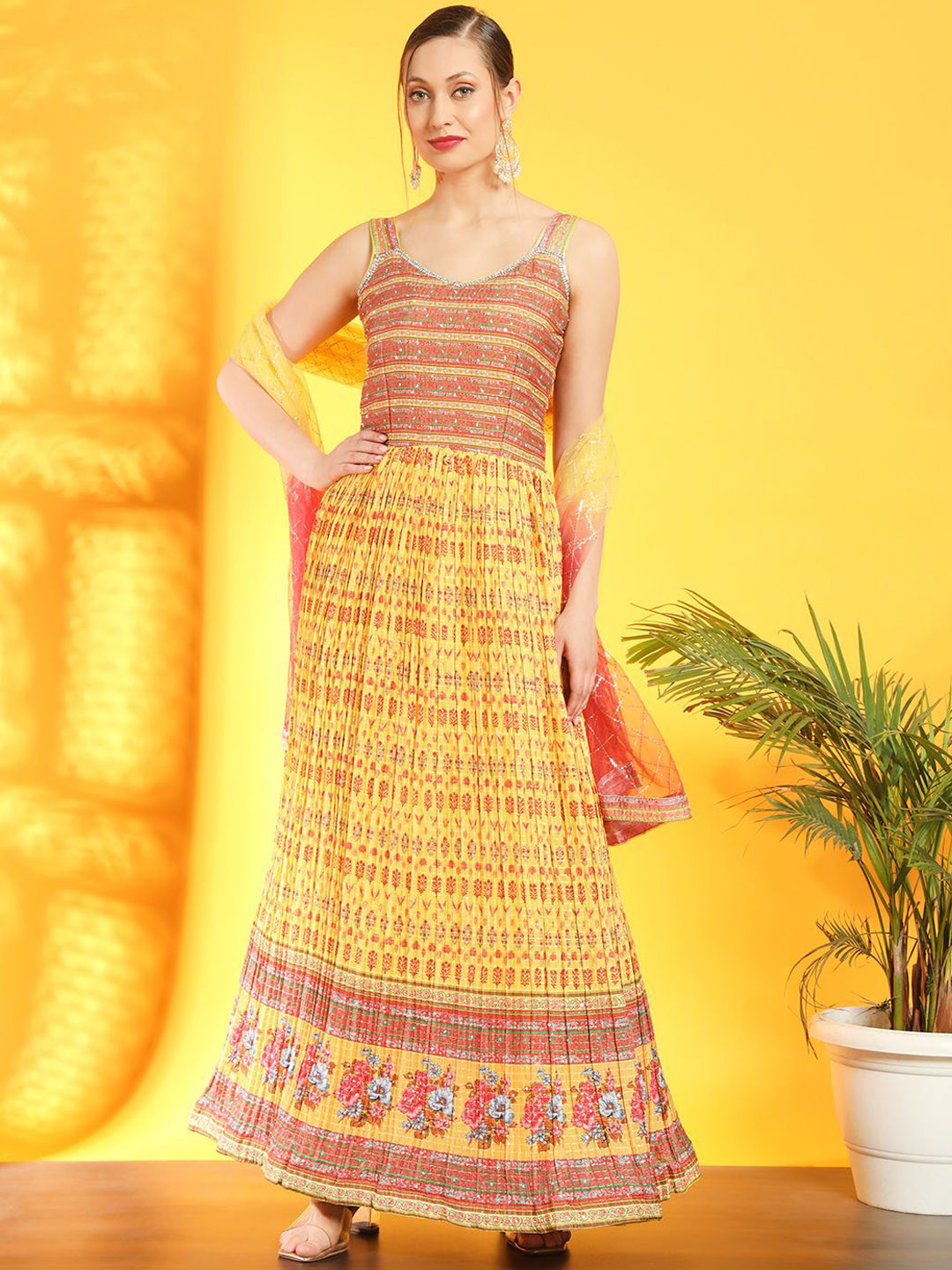 Chhabra 555 Printed Pleated Ethnic Dresses With Embroidered Dupatta