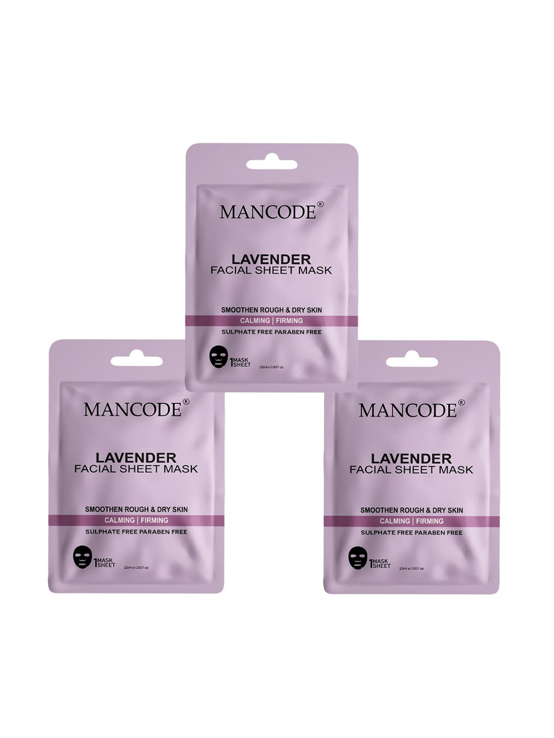 MANCODE Set of 3 Lavender Facial Sheet Masks - 25 ml each