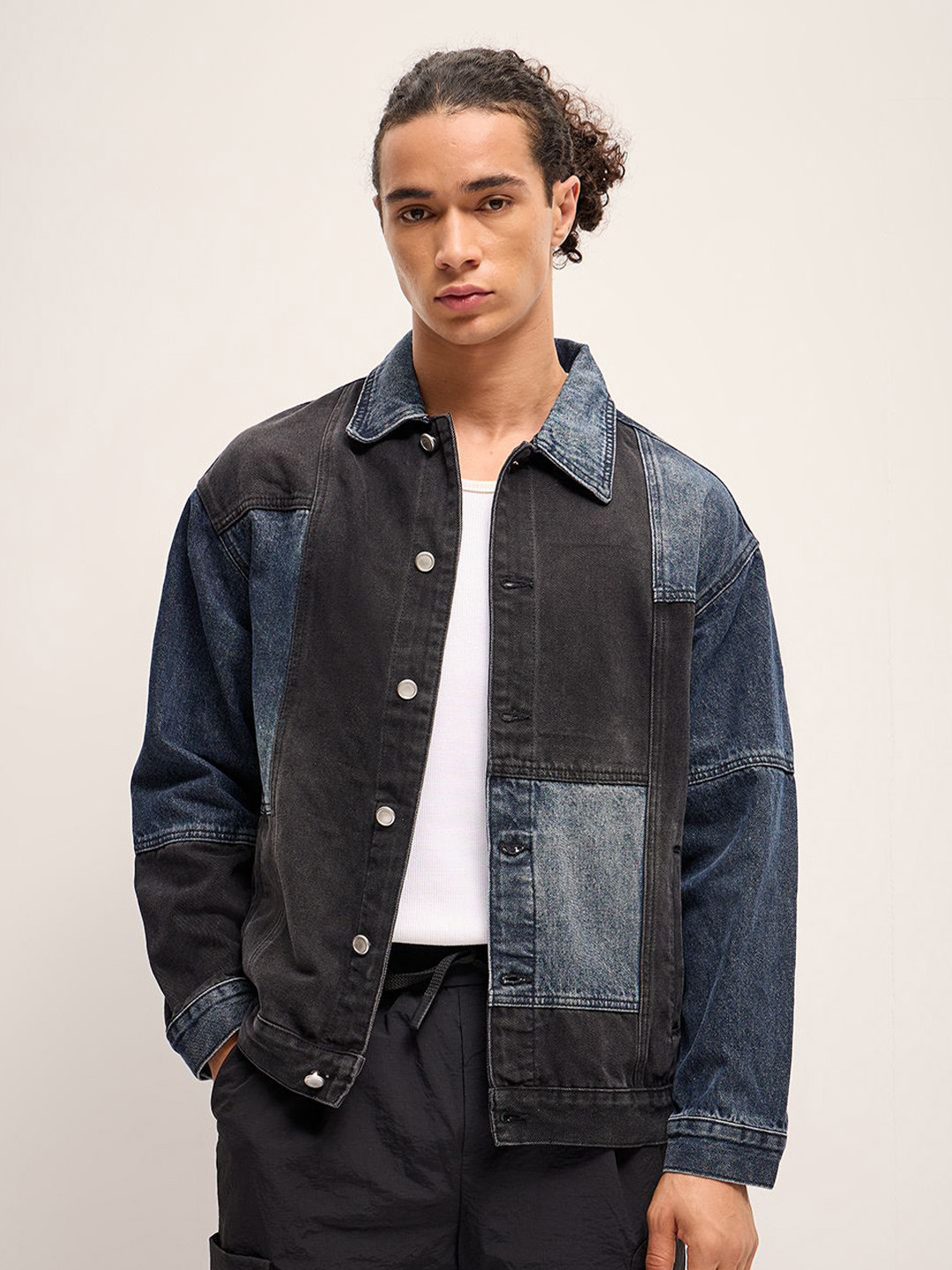 THE BEAR HOUSE Men Colourblocked Patchwork Classic Denim Jacket