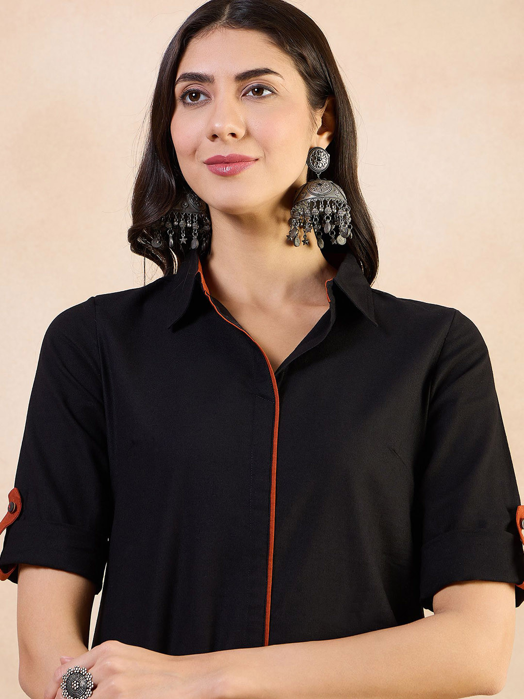 Anouk Black Roll-Up Sleeves Pure Cotton Straight Kurta With Trouser