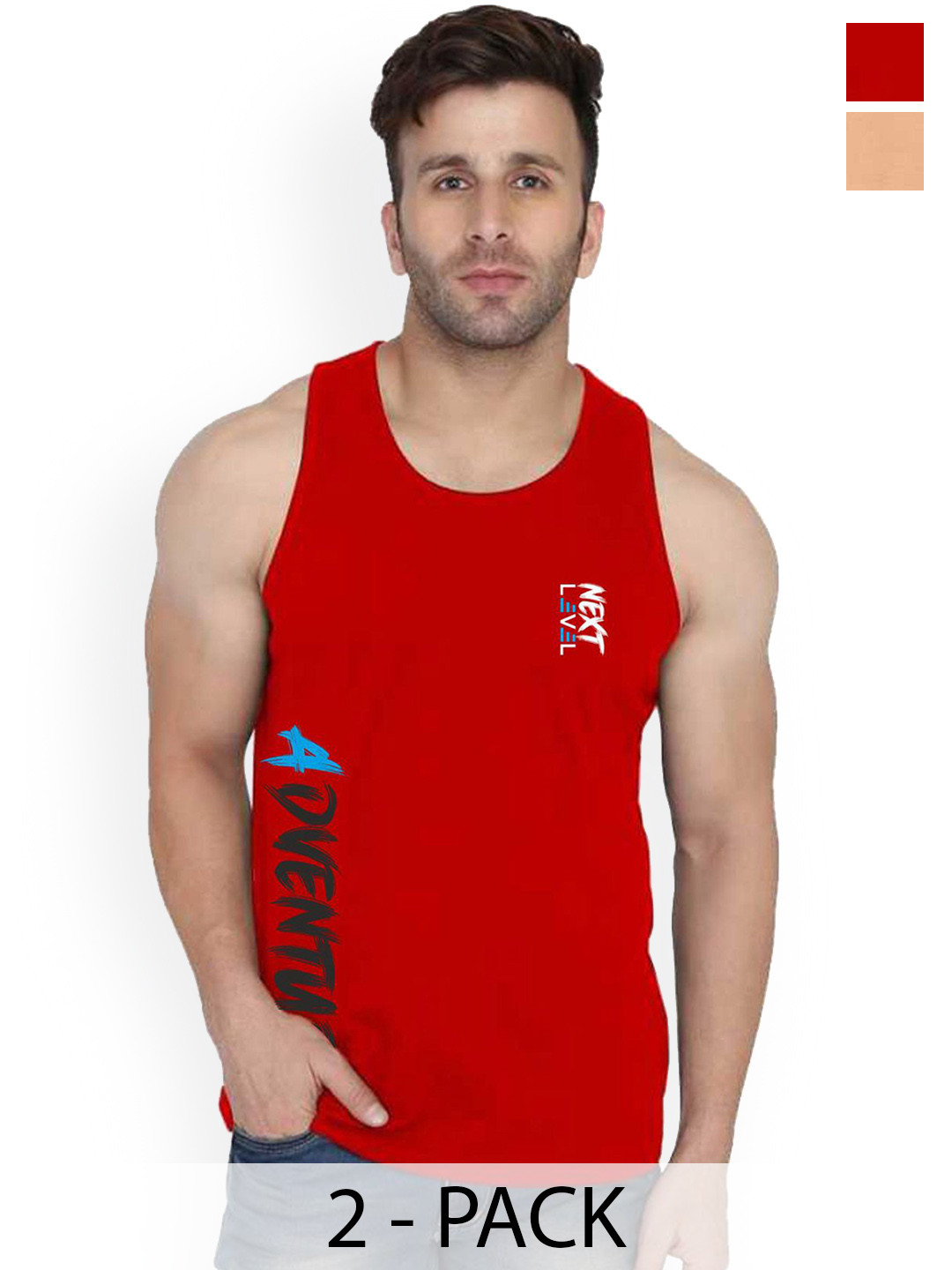 SLOWLORIS Pack Of 2 Printed Cotton  Vests- SL26 COMBO (LOUD RUST) (ADV RED)