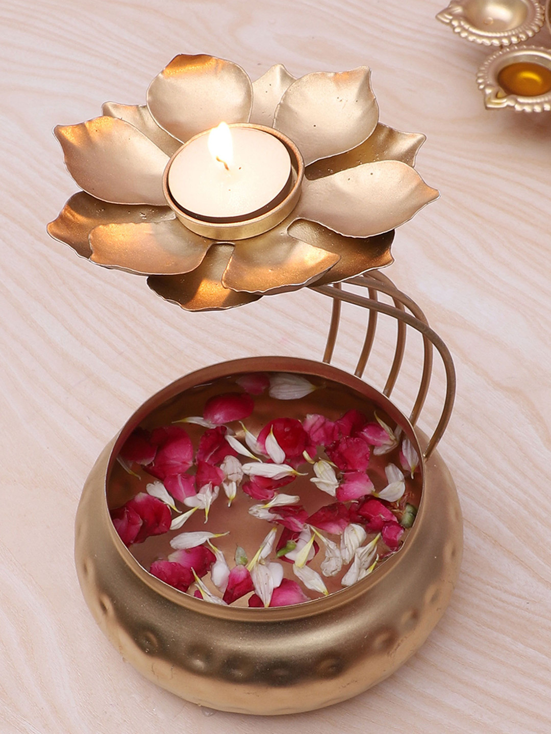 Two Moustaches Gold Toned Floral Pattern Decorative Bowl With Lotus Diya