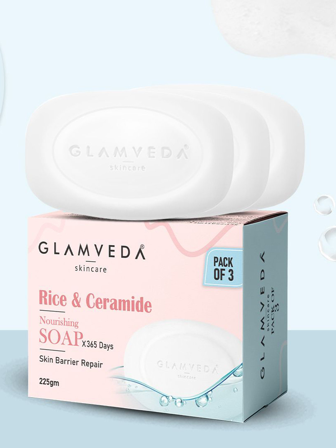 GLAMVEDA Set of 3 Rice & Ceramide Skin Brightening Soap with Hyaluronic Acid - 75 g each