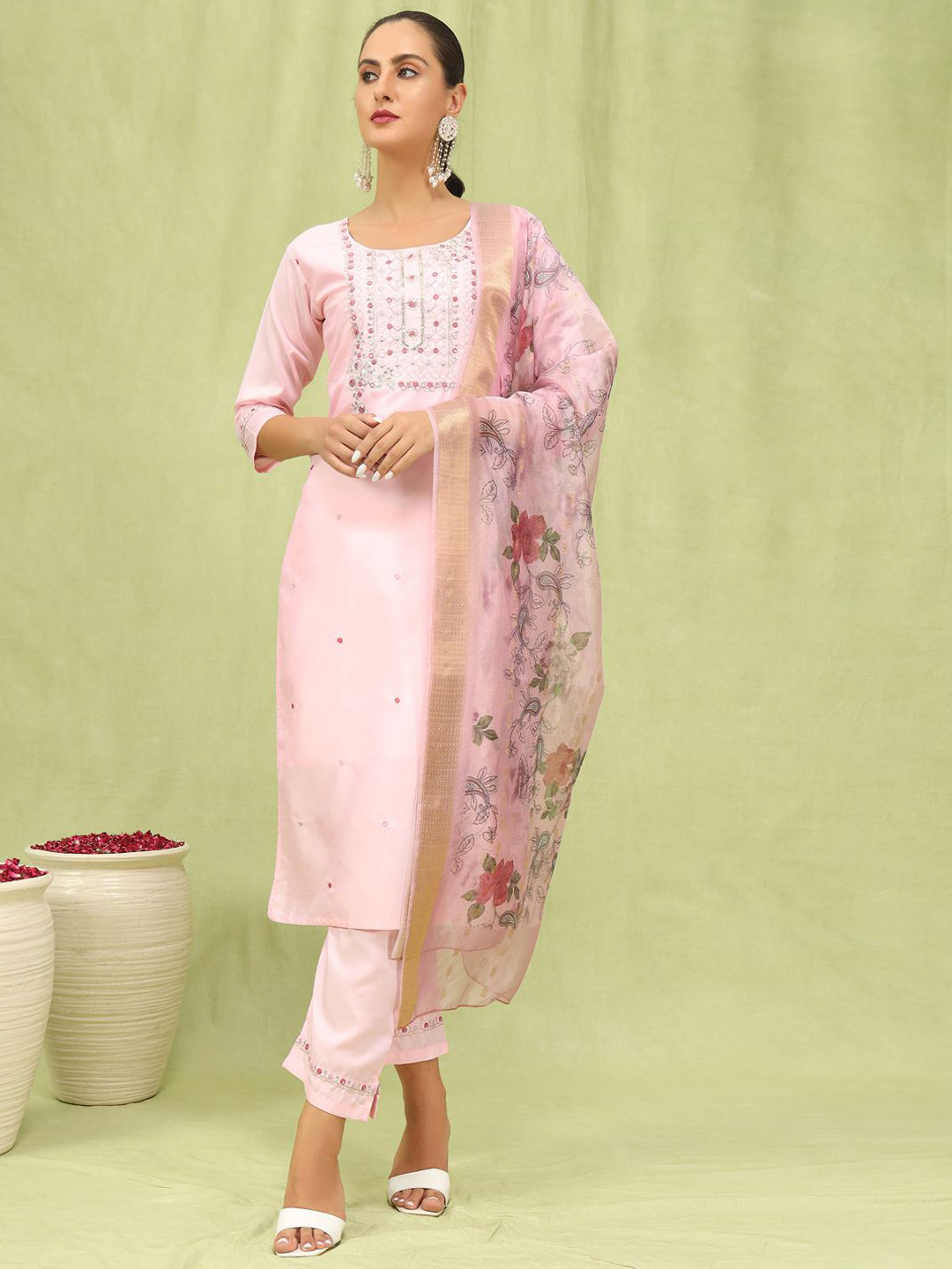 VredeVogel Flora Embroidered Thread Work Straight Kurta With Trousers & Dupatta