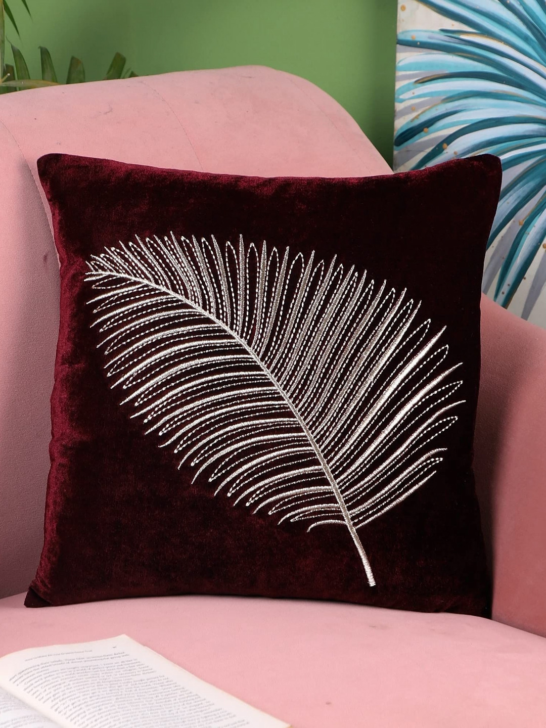Decoghar Wine Zari Leaf Embroidered Single Piece Square Cushion Covers
