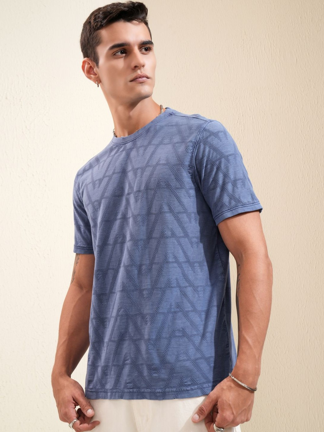 HIGHLANDER Men Self Design Round Neck Cotton T-shirt