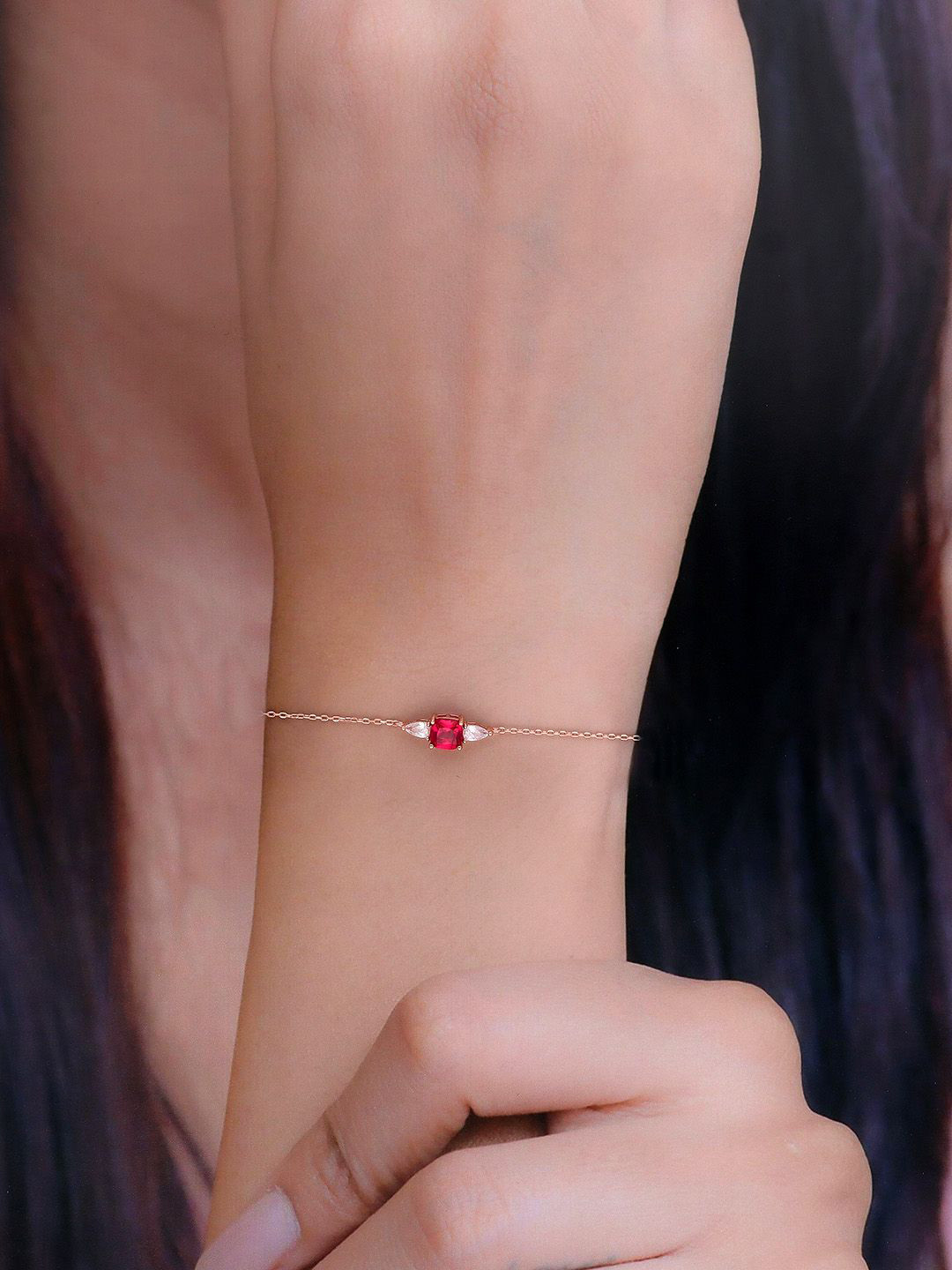 KAI JEWEL Sterling Silver CZ Studded Rose Gold-Plated Minimalistic Link Bracelet