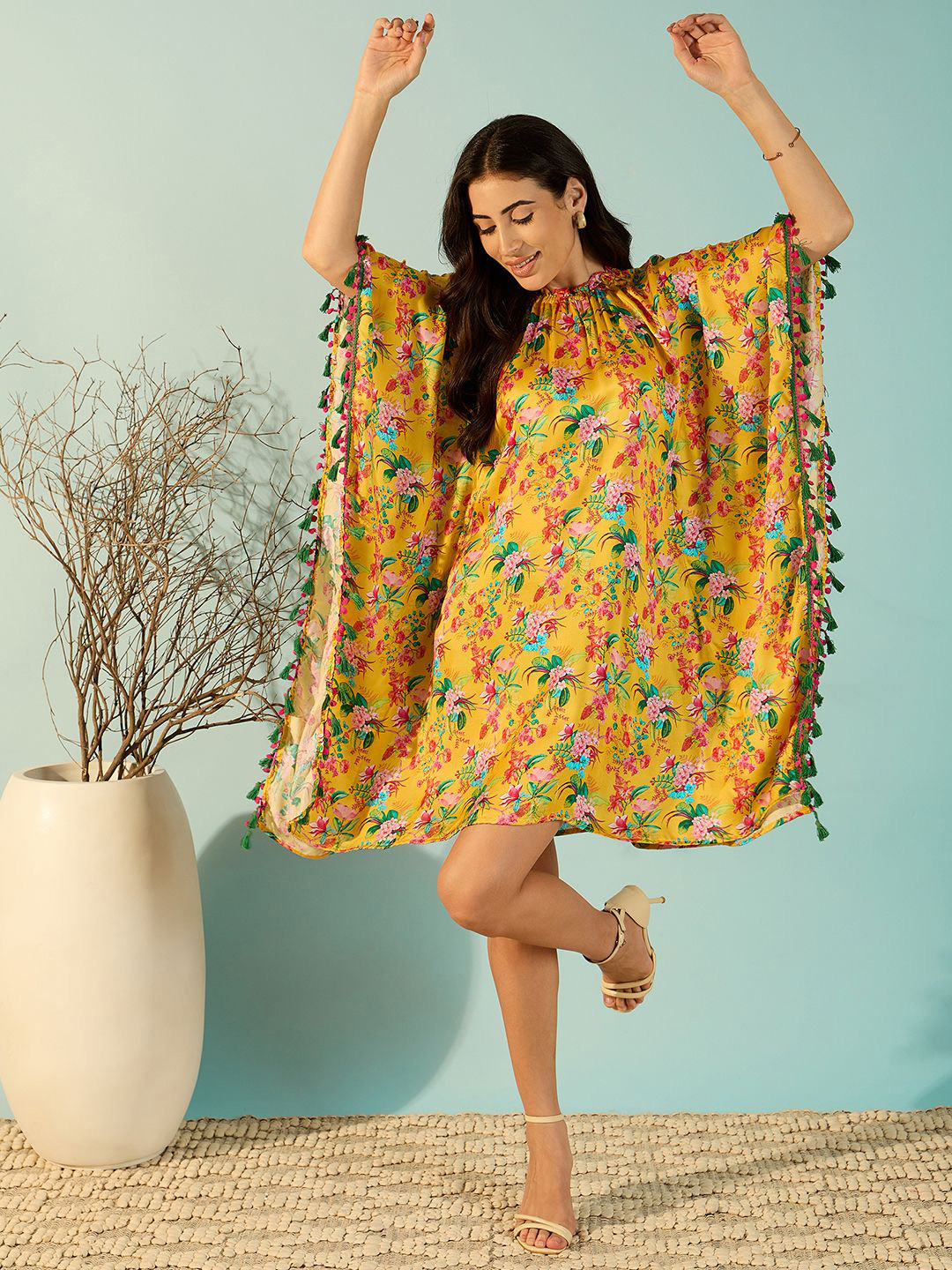 The Kaftan Company Floral Printed Mock Neck Kimono Sleeves Satin Kaftan  Dress