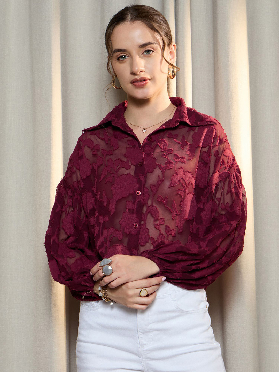 Berrylush Floral Self Design Semi Sheer Shirt Style Crop Top