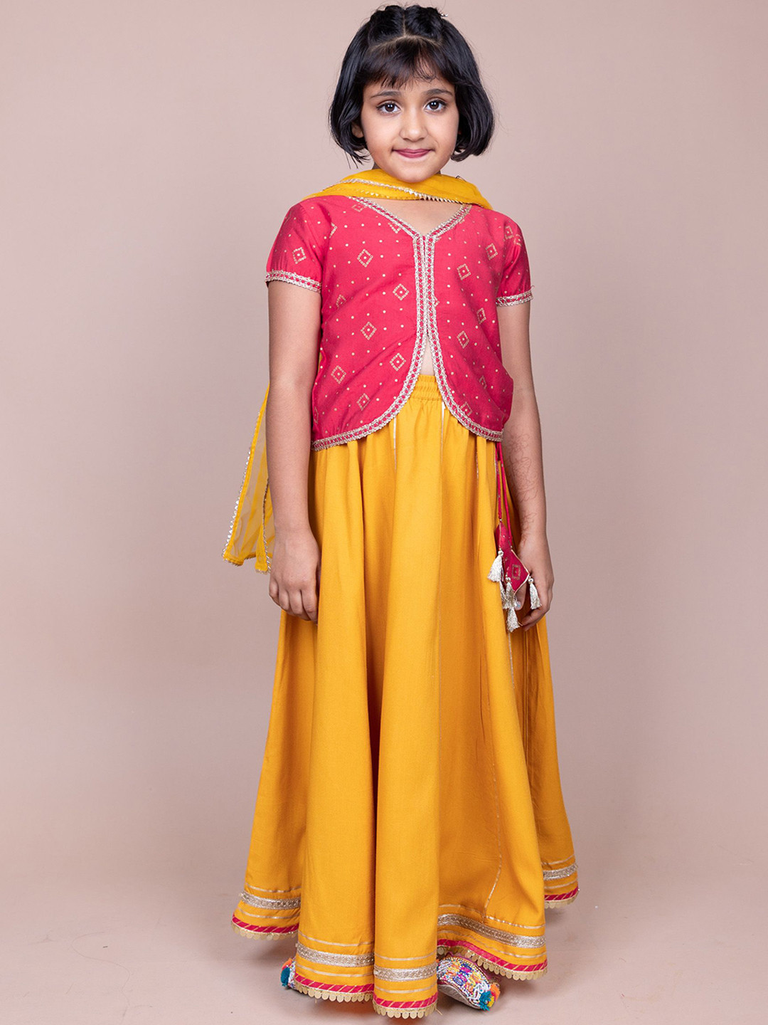 HERE&NOW Girls Printed Zari Ready To Wear Top With Lehanga With Dupatta