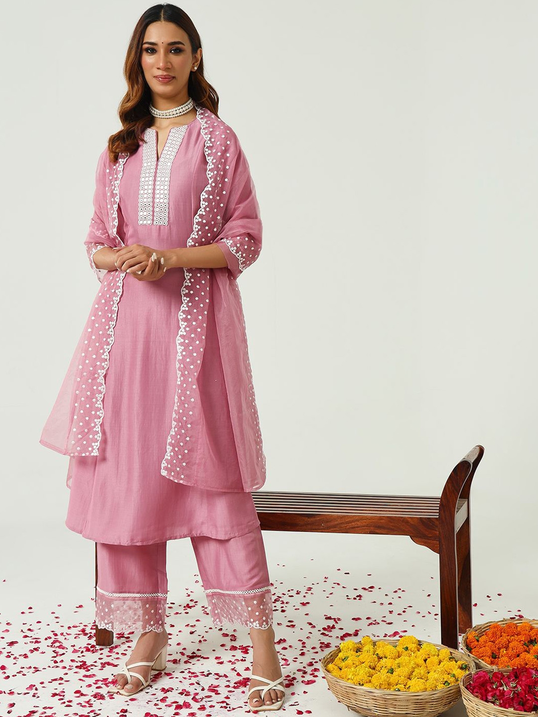 FIORRA Floral Yoke Design Notch Neck Mirror Work A Line Kurta With Palazzo & Dupatta - Kurta Sets for Women 30381272 | Myntra
