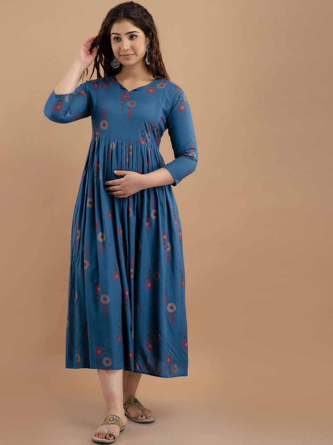 DRESSAR Floral Printed Midi Empire Maternity Ethnic Dress