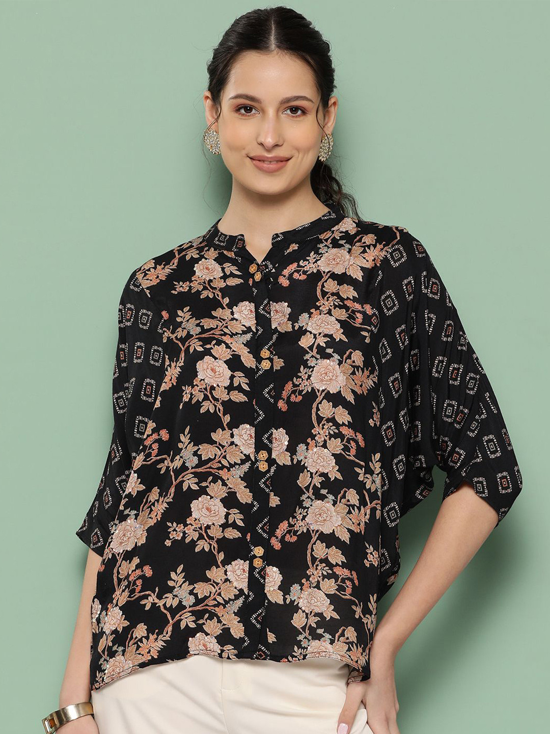 Nayam By Lakshita Floral Boxy Sequined Mandarin Collar Top
