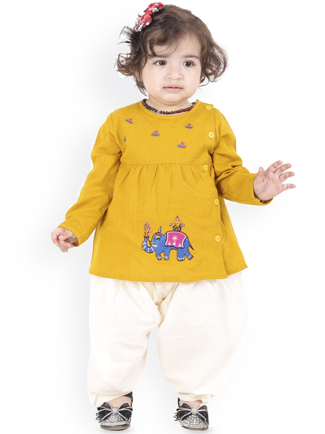 LITTLE GINNIE Girls Animal Embroidered Angrakha Thread Work Pure Cotton Kurti with Salwar