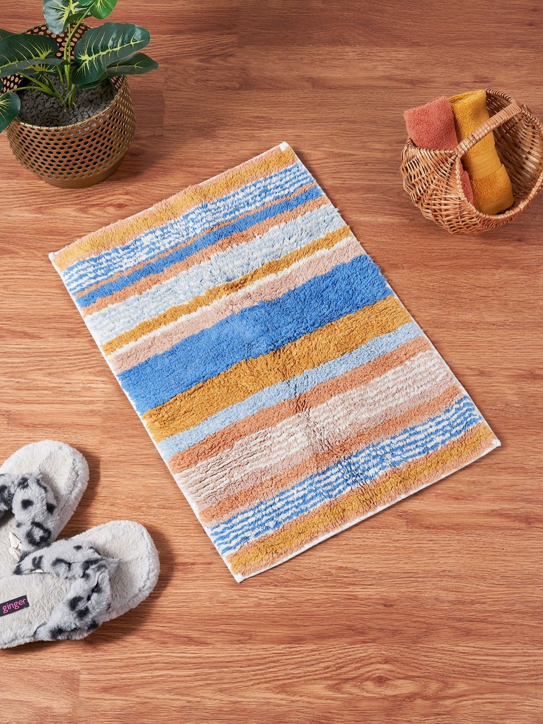 Living scapes by Pantaloons Orange & Blue Striped Cotton 1800 GSM Bath Rug