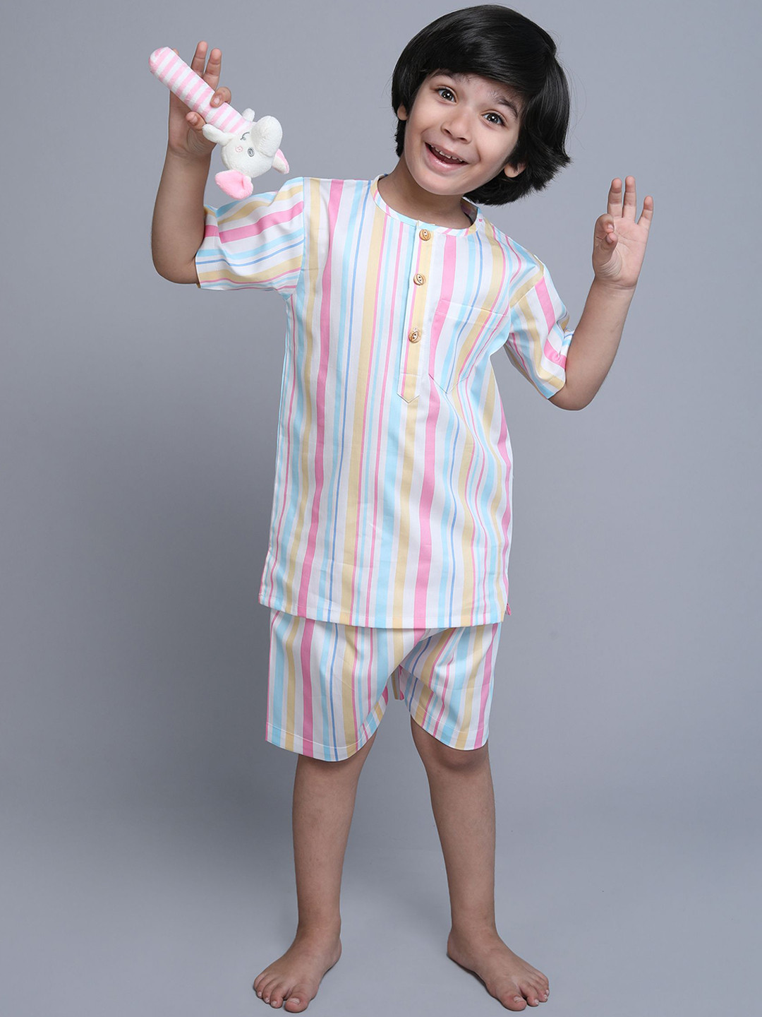 BAESD Boys Striped Printed Night suit shorts white T-shirt