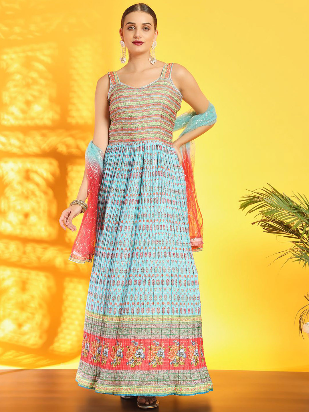 Chhabra 555 Floral Printed Pleated Ethnic Dresses With Embroidered Dupatta