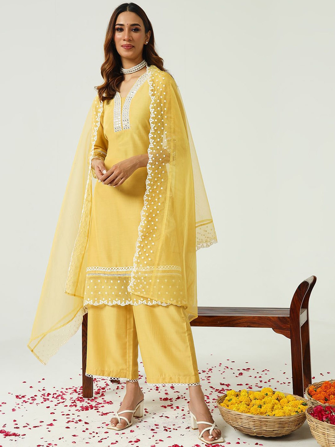 FIORRA Embroidered Mirror Work Kurta With Palazzos & Dupatta - Kurta Sets for Women 30381269 | Myntra