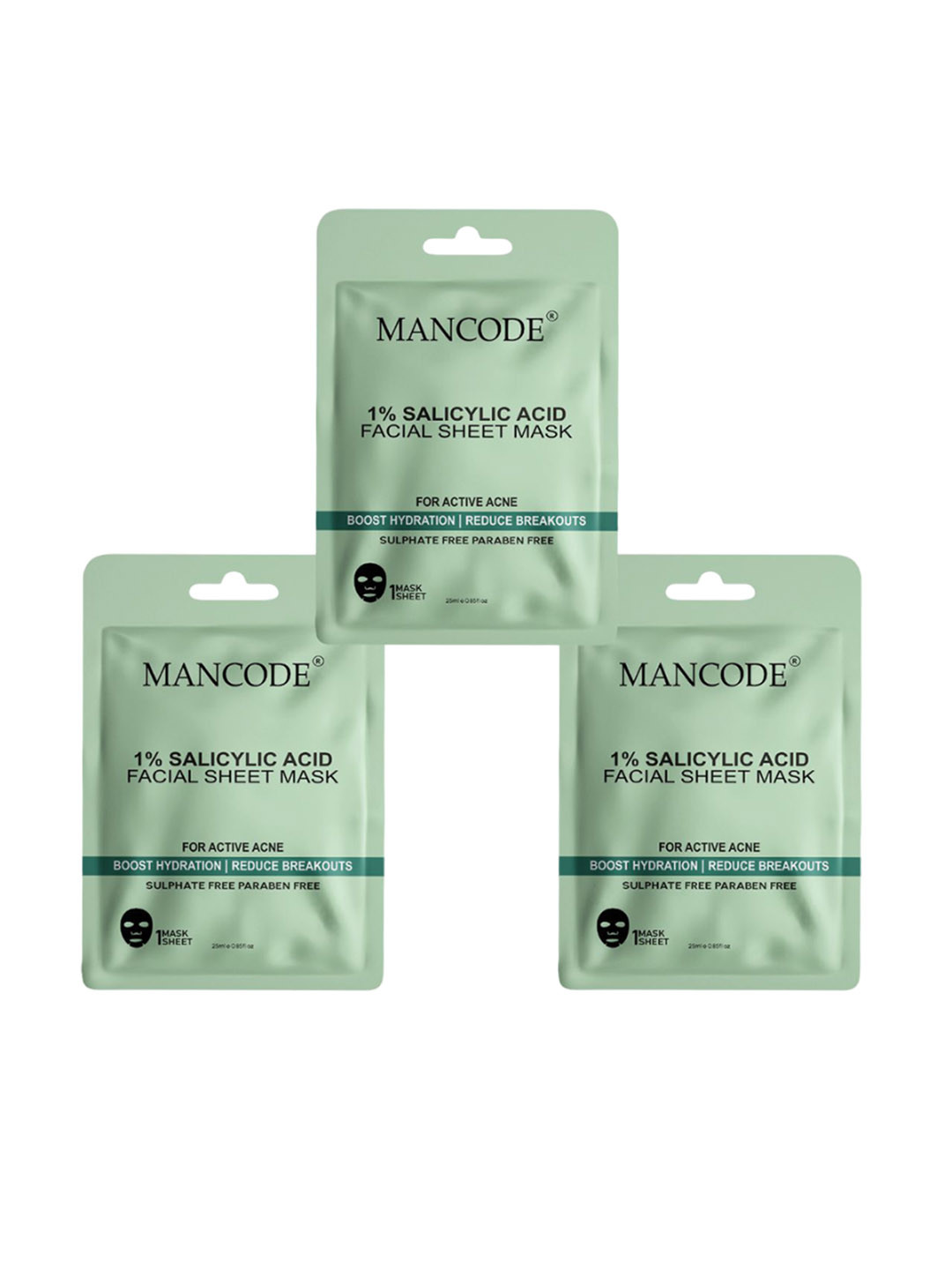 MANCODE Set of 3 1% Salicylic Acid Facial Sheet Mask - 25 ml each