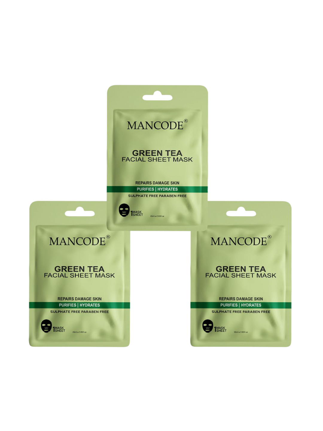 MANCODE Set of 3 Green Tea Facial Sheet Mask - 25 ml each