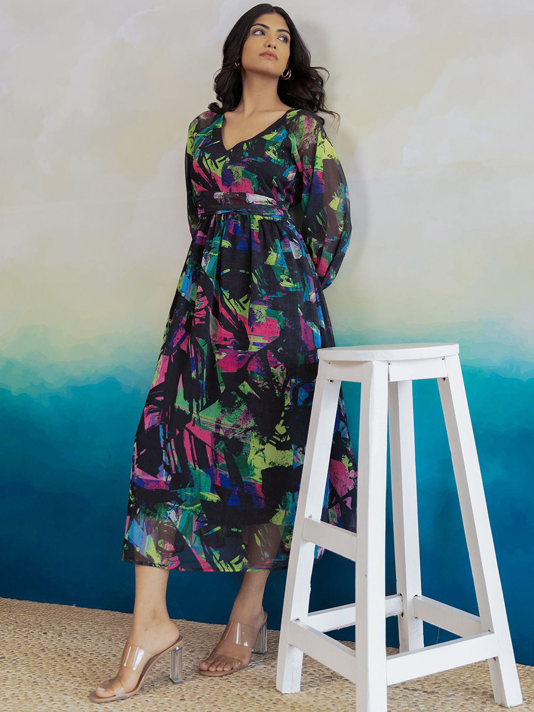 Polago Clothing Women Abstract Printed V-Neck Puff Sleeves Fit and Flare Dress