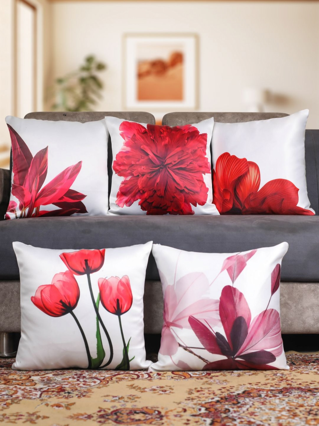 Vendola White & Red 5 Pieces Floral Printed Square Cushion Covers