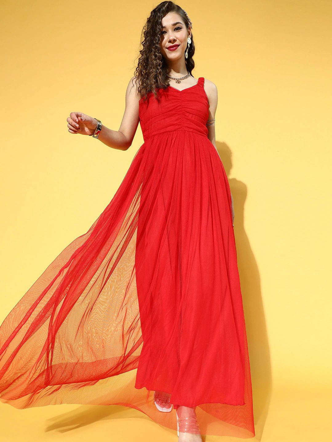 U&F Net Shoulder Strap Flared Maxi Dress