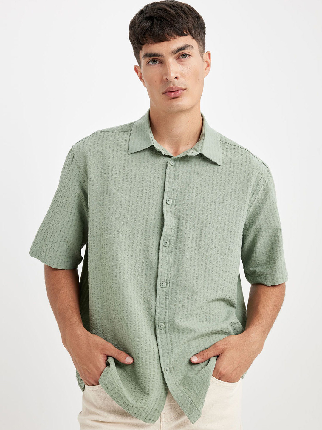 DeFacto Men Micro Checks Opaque Striped Casual Shirt