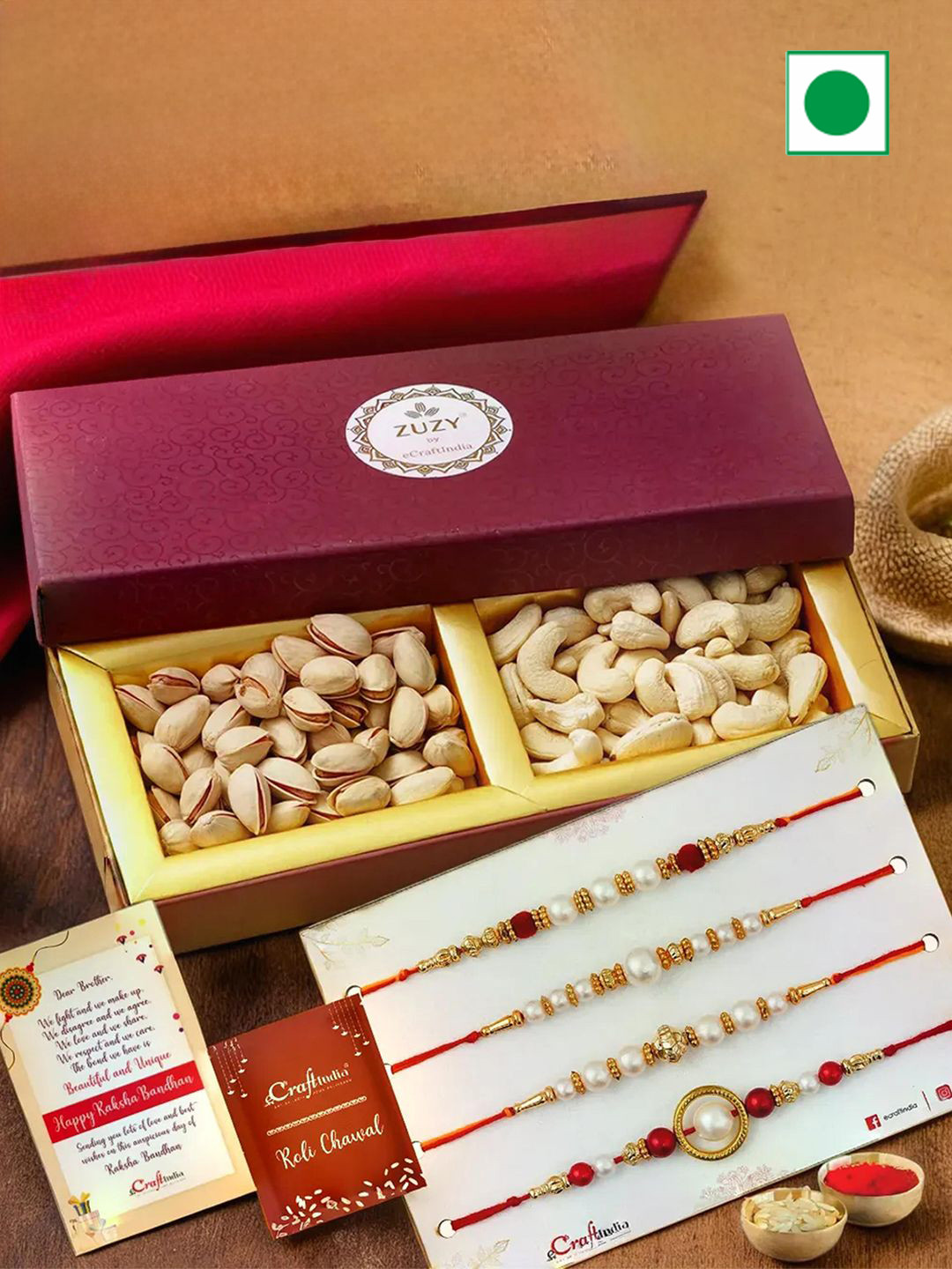 eCraftIndia Set of 4 Beaded Rakhis with Cashew & Pistachio Dried Fruits with Roli Chawal