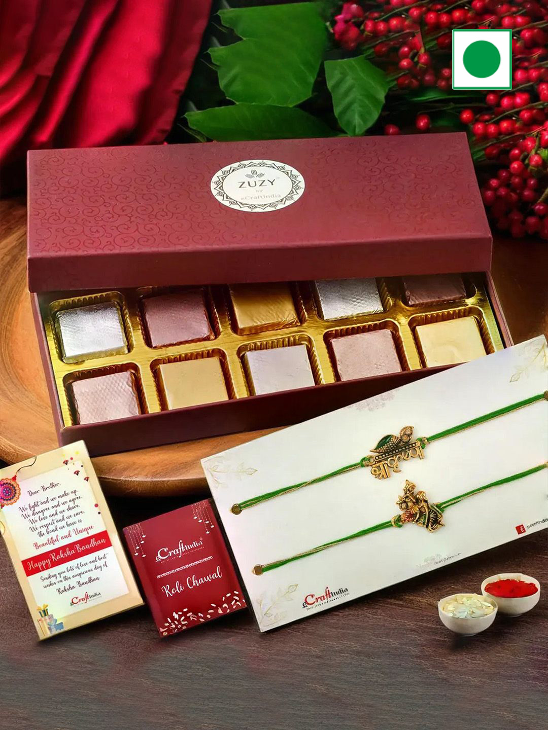 eCraftIndia Set of 3 Radha Krishna Rakhis with Zuzy Chocolate Box 10 Pcs & Roli Chawal