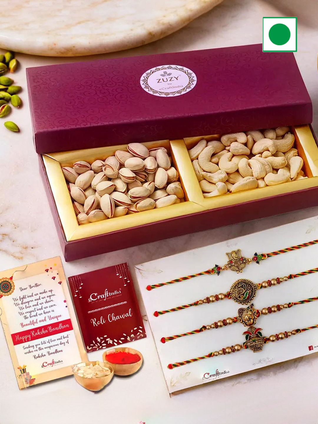 eCraftIndia Set of 4 Beaded Rakhis with Cashew & Pistachio Dried Fruits with Roli Chawal