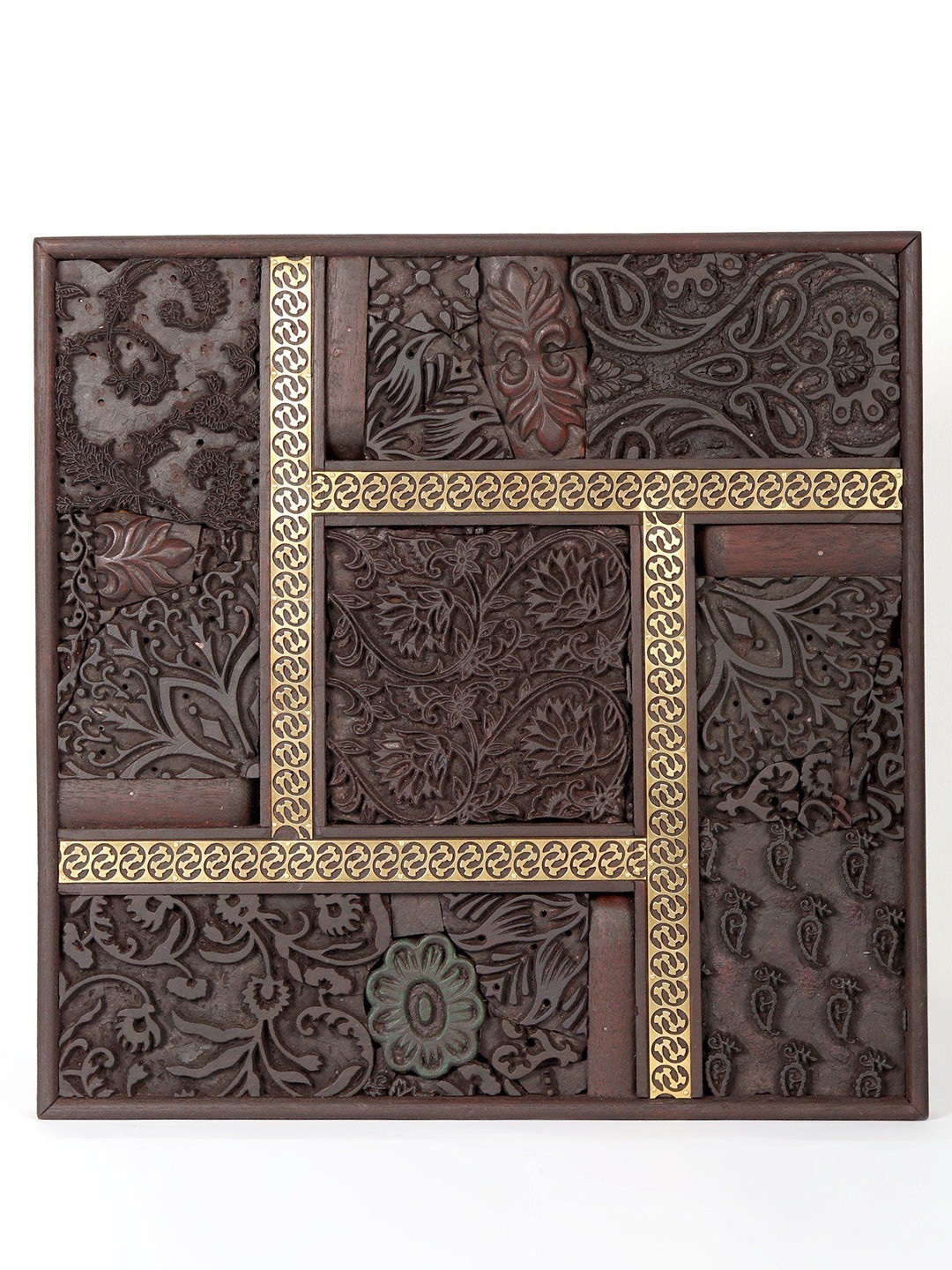 Exotic India Square Shape Wood Wall Panel Ethnic Motifs Matte Hall Wall Hangings-18.2In