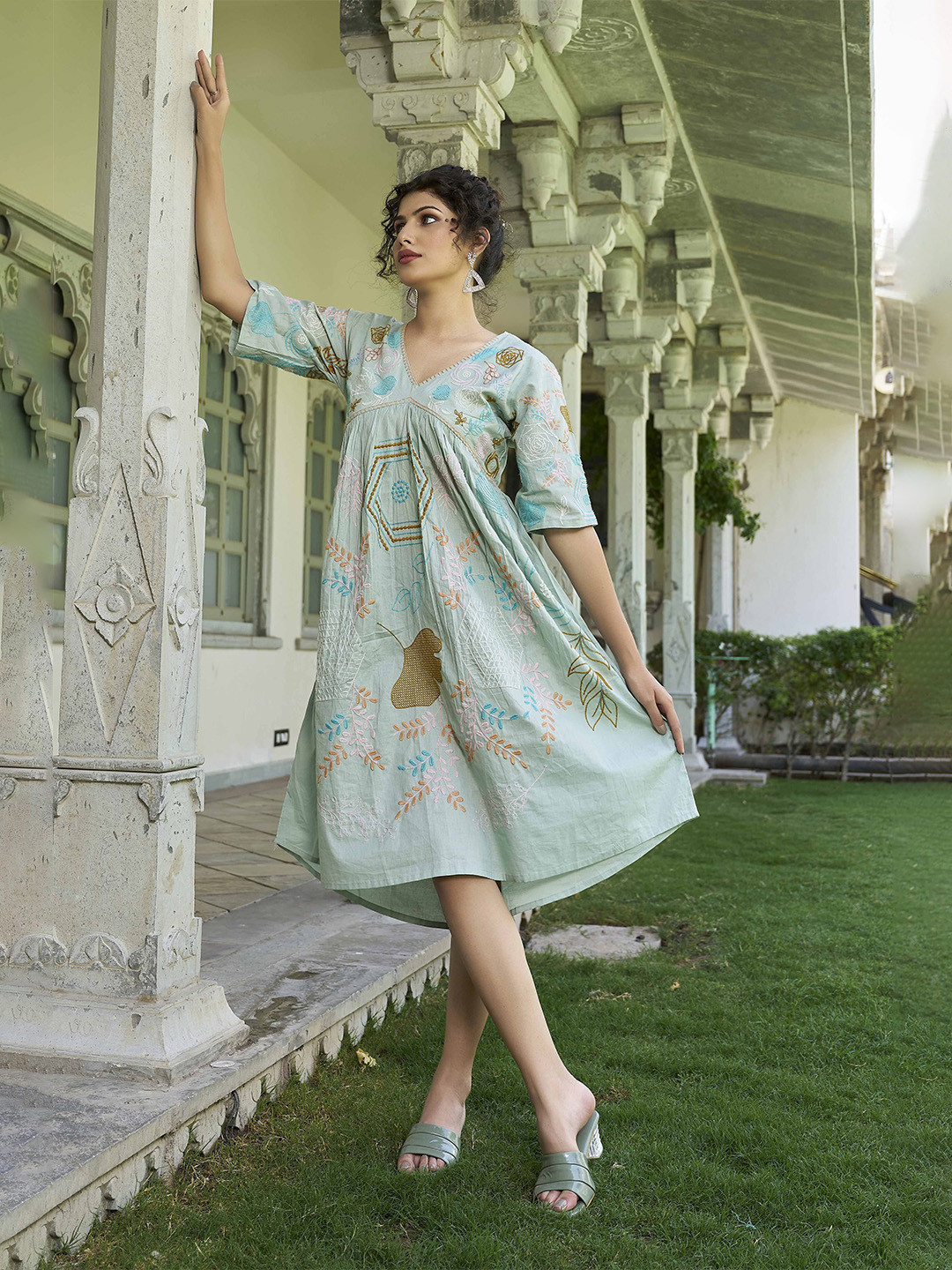 PEACH PIPER  V-Neck Floral Embroidered Empire Dress