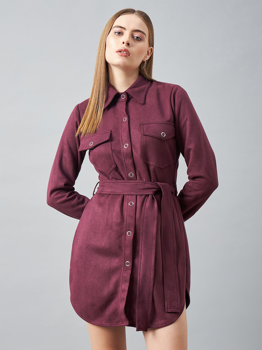 DELAN Shirt Collar Cuffed Sleeves Shirt Dress