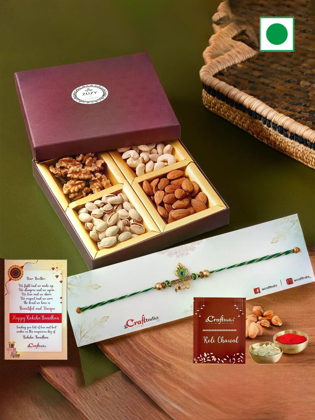 eCraftIndia Beaded Rakhis with Dried Fruit Box And Roli Chawal