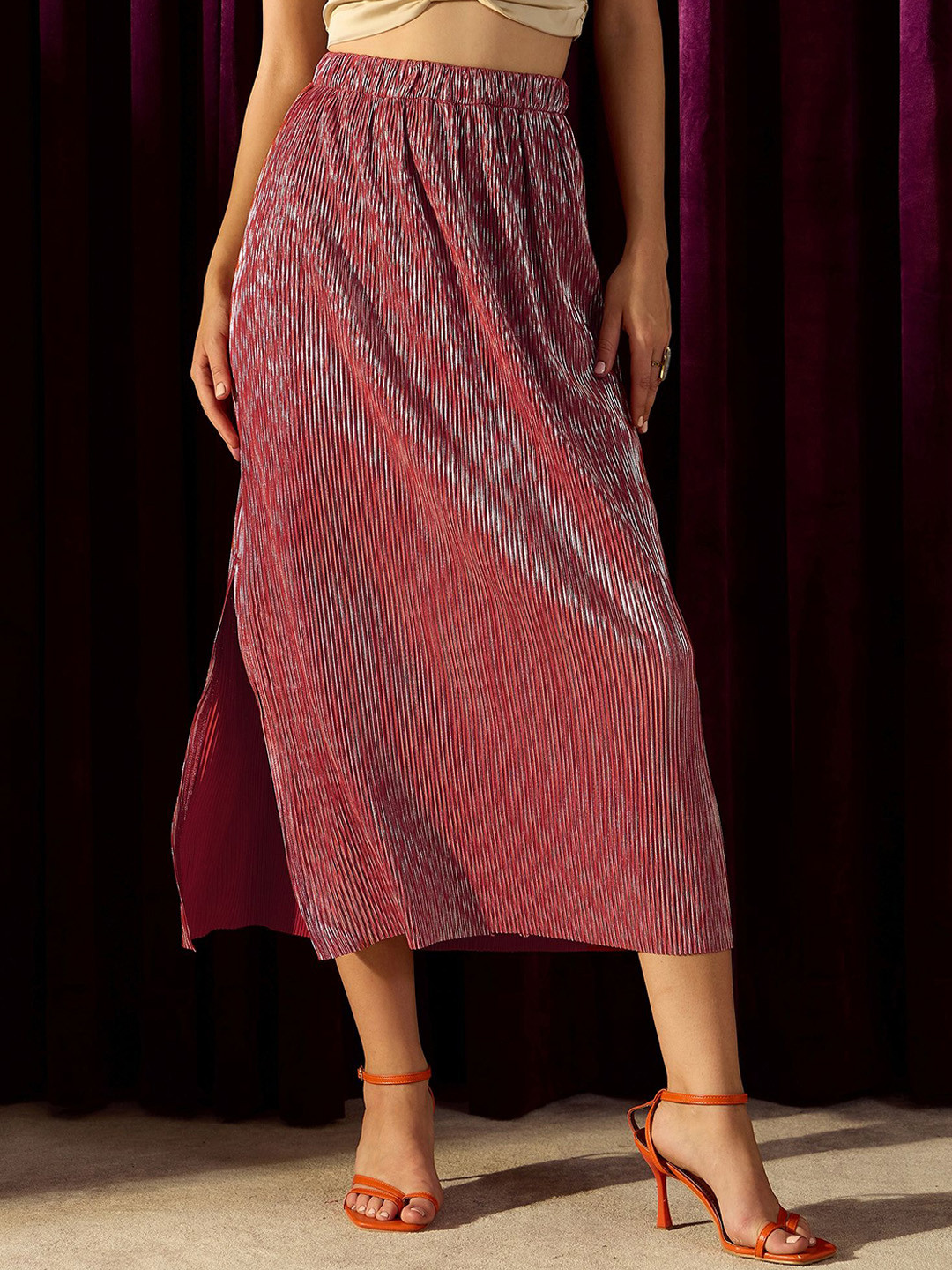 KASSUALLY Women Pleated Straight Side Slit Midi Skirt