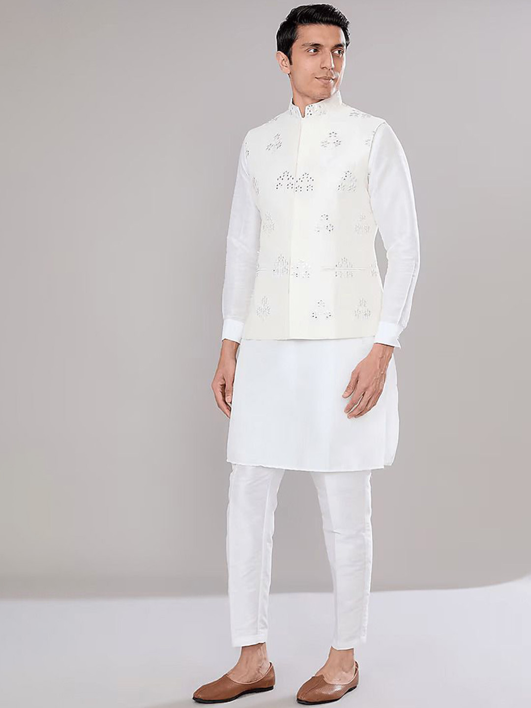 RNG Safawala Mandarin Collar Mirror Work Raw Silk Straight Kurta With Trousers & Jacket