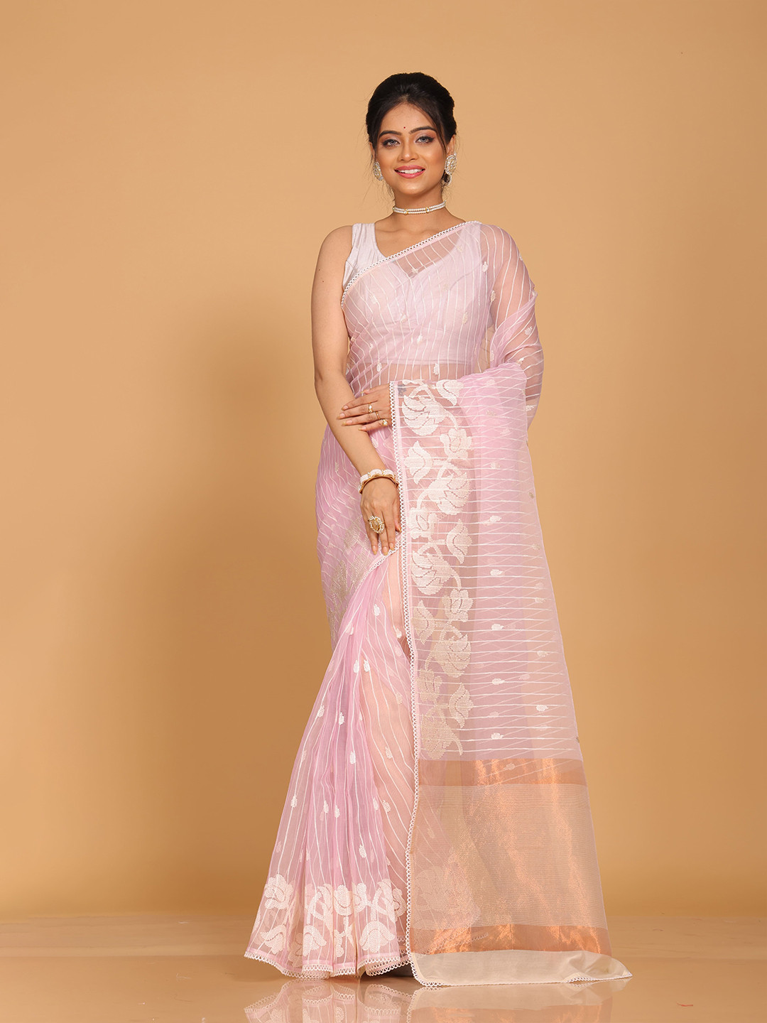 Morchari Striped Embroidered Organza Pink Saree