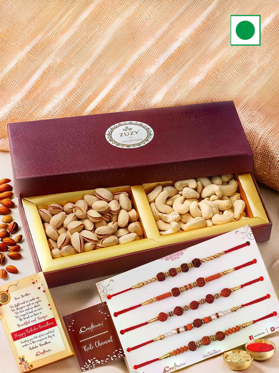 eCraftIndia Set of 5 Beaded Rakhis with Dry Fruit Box And Roli Chawal