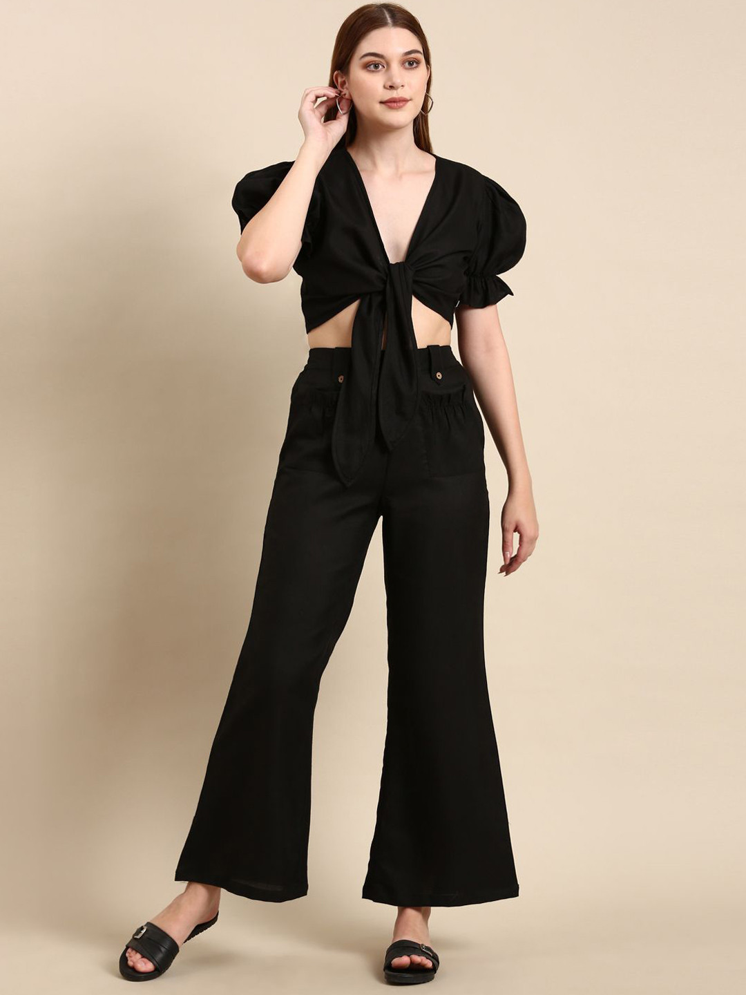 Bannos Swagger Black V-Neck Linen Tie Up Top & Trousers