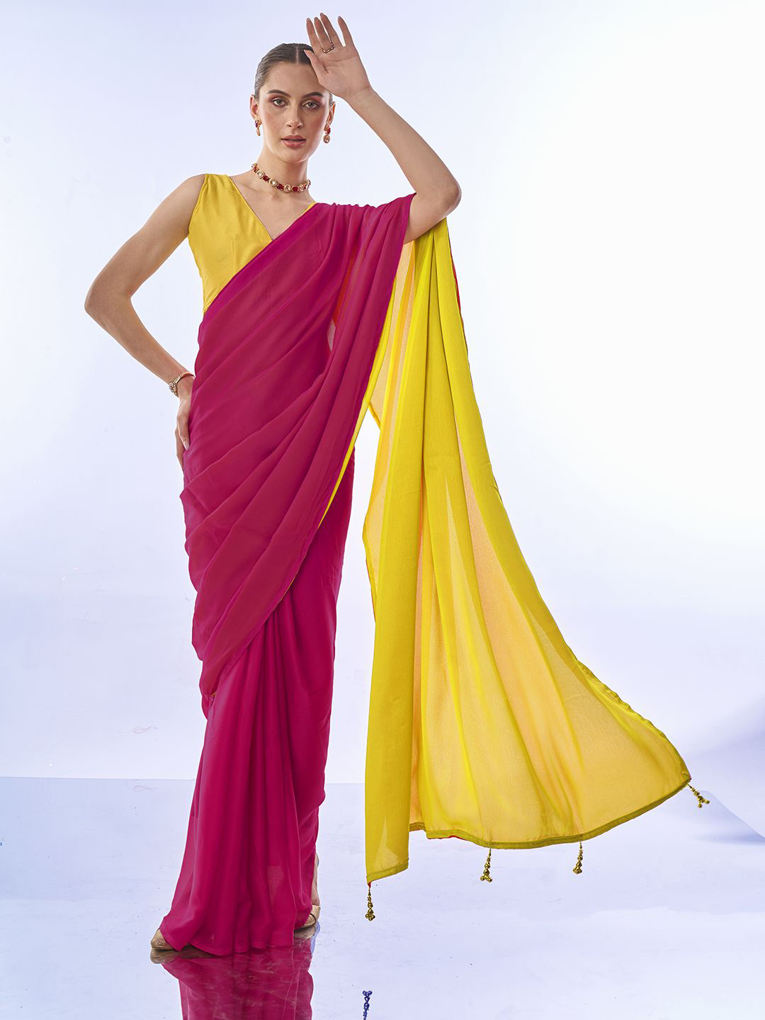 Mitera Pure Chiffon Pink And Yellow Saree