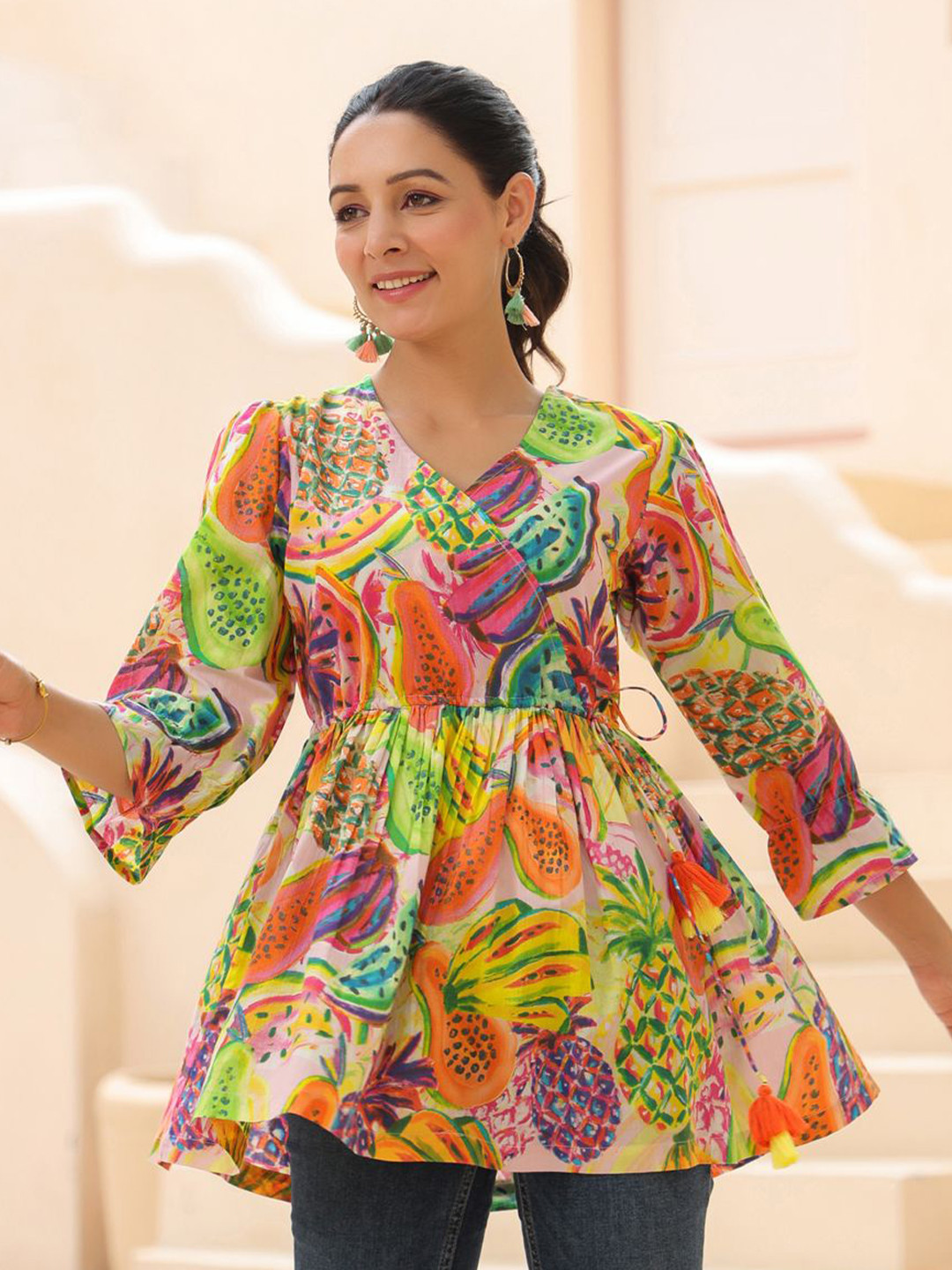 Rain & Rainbow Abstract Printed Cotton Wrap Top