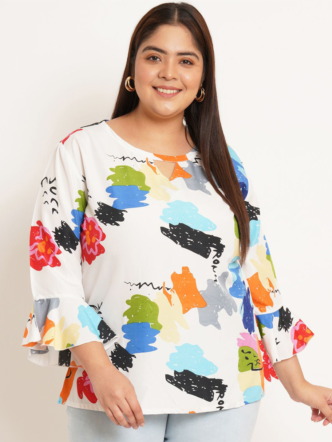 U&F Beyond Print Keyhole Neck Bell Sleeve Crepe Top