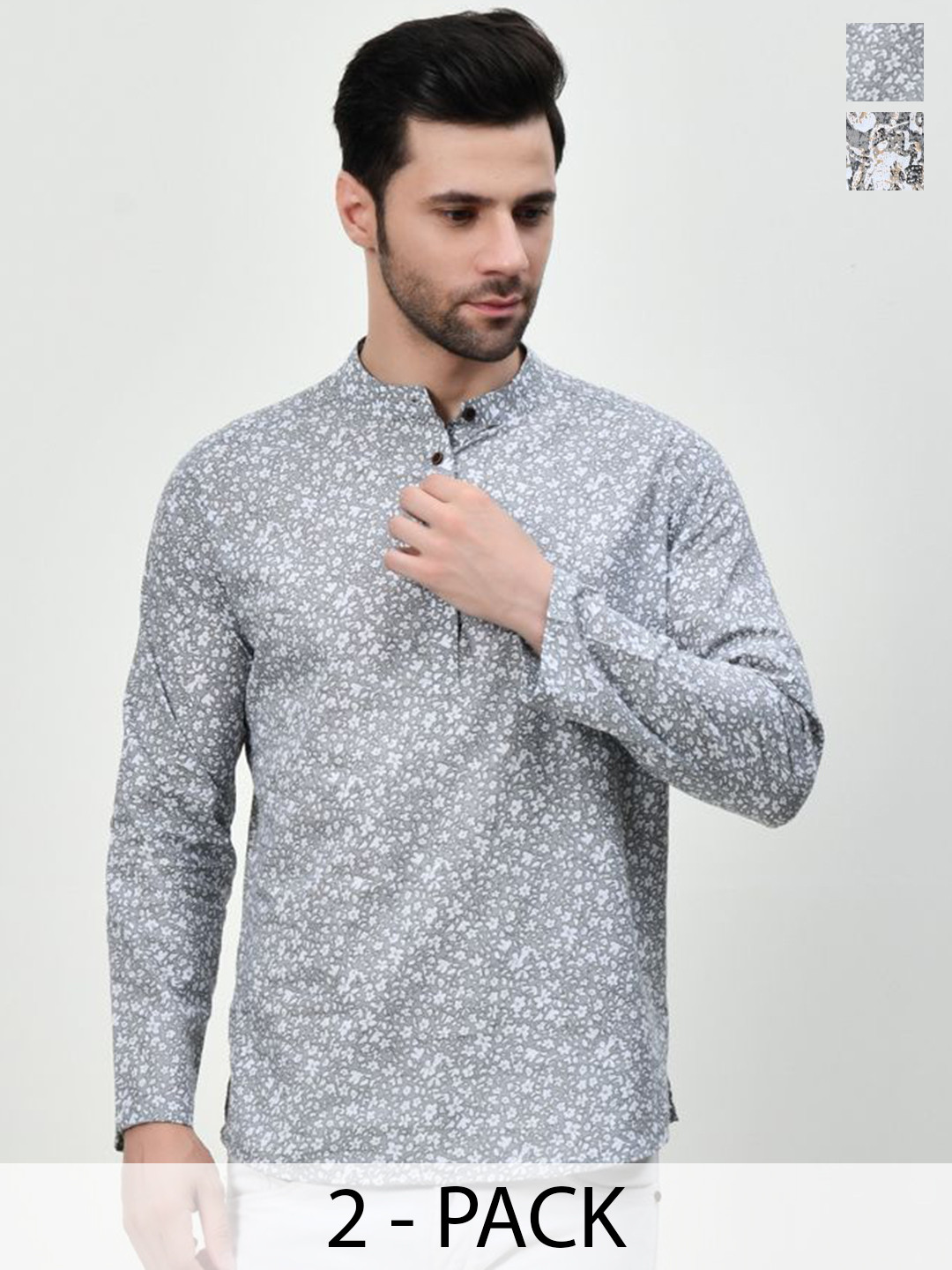 BAESD Selection Of 2 Floral Printed Band Collar Pure Cotton Straight Kurta