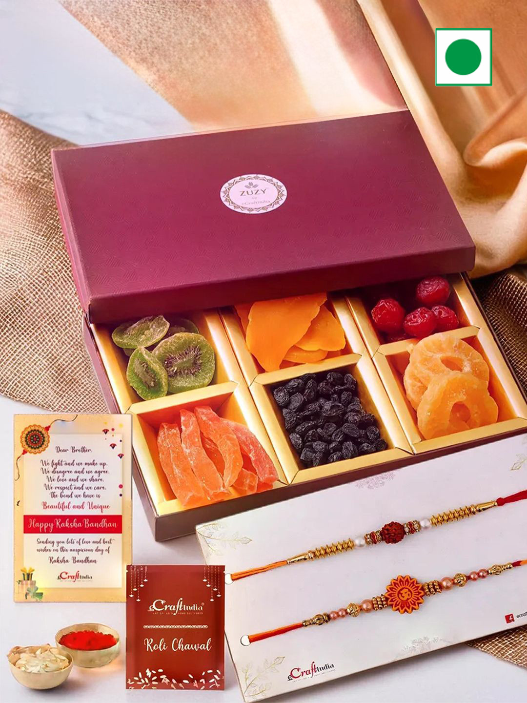 eCraftIndia Set Of 2 Rakhis With Dry Fruits Box And Roli Chawal