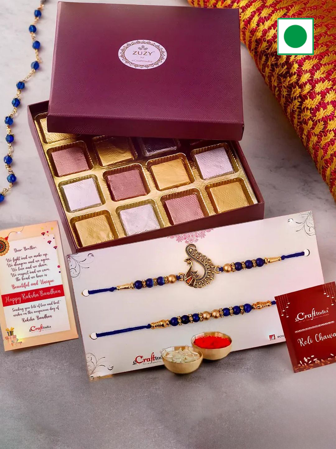 eCraftIndia Set of 3 Designer Rakhis With Zuzy Sun Dried Fruit Box and Roli Chawal Pack