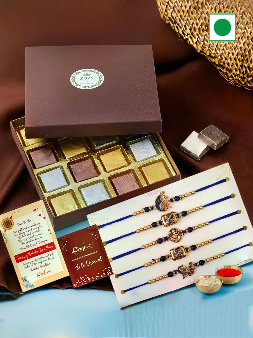 eCraftIndia Set of 6 Designer Rakhis With Zuzy Dried Fruit Box and Roli Chawal Pack