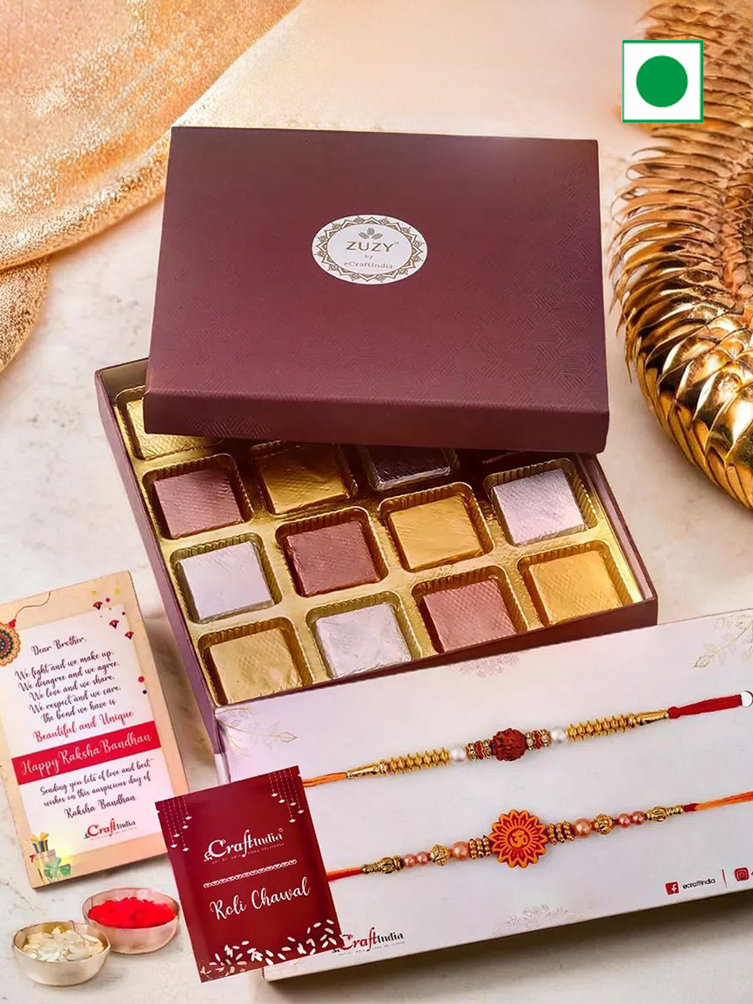 eCraftIndia Set of 3 Rakhis With Zuzy Assorted Chocolate Box 16 Pieces & Roli Chawal