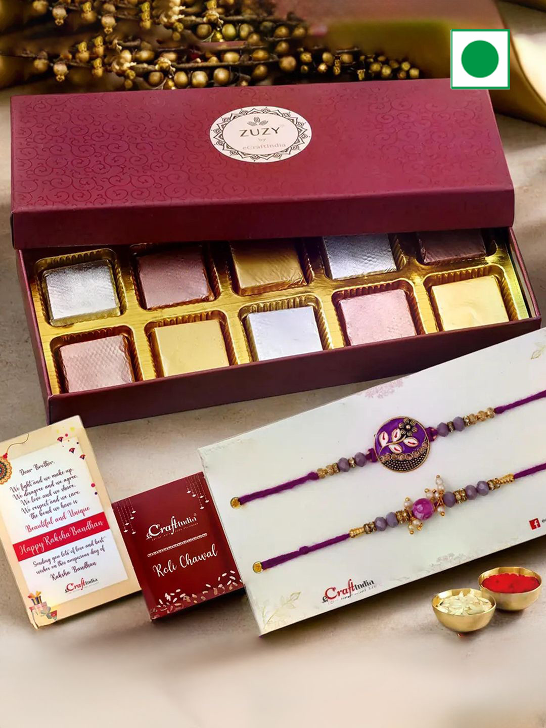 eCraftIndia Set of 3 Peacock Rakhis With Assorted Chocolate Box 10 Pcs & Roli Chawal